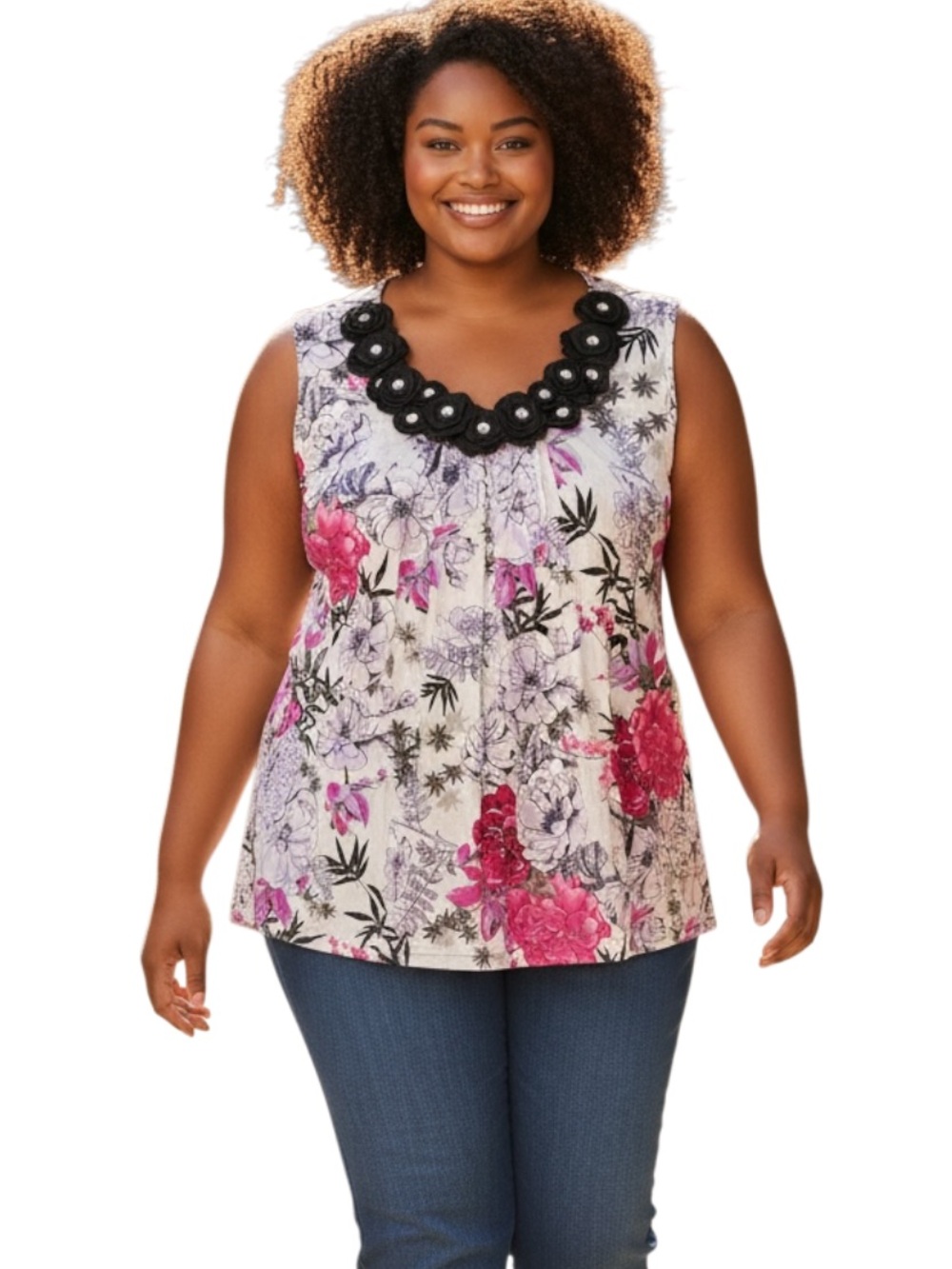 dressbarn Sleeveless Floral Lace-Trim Top in Pink and Cream